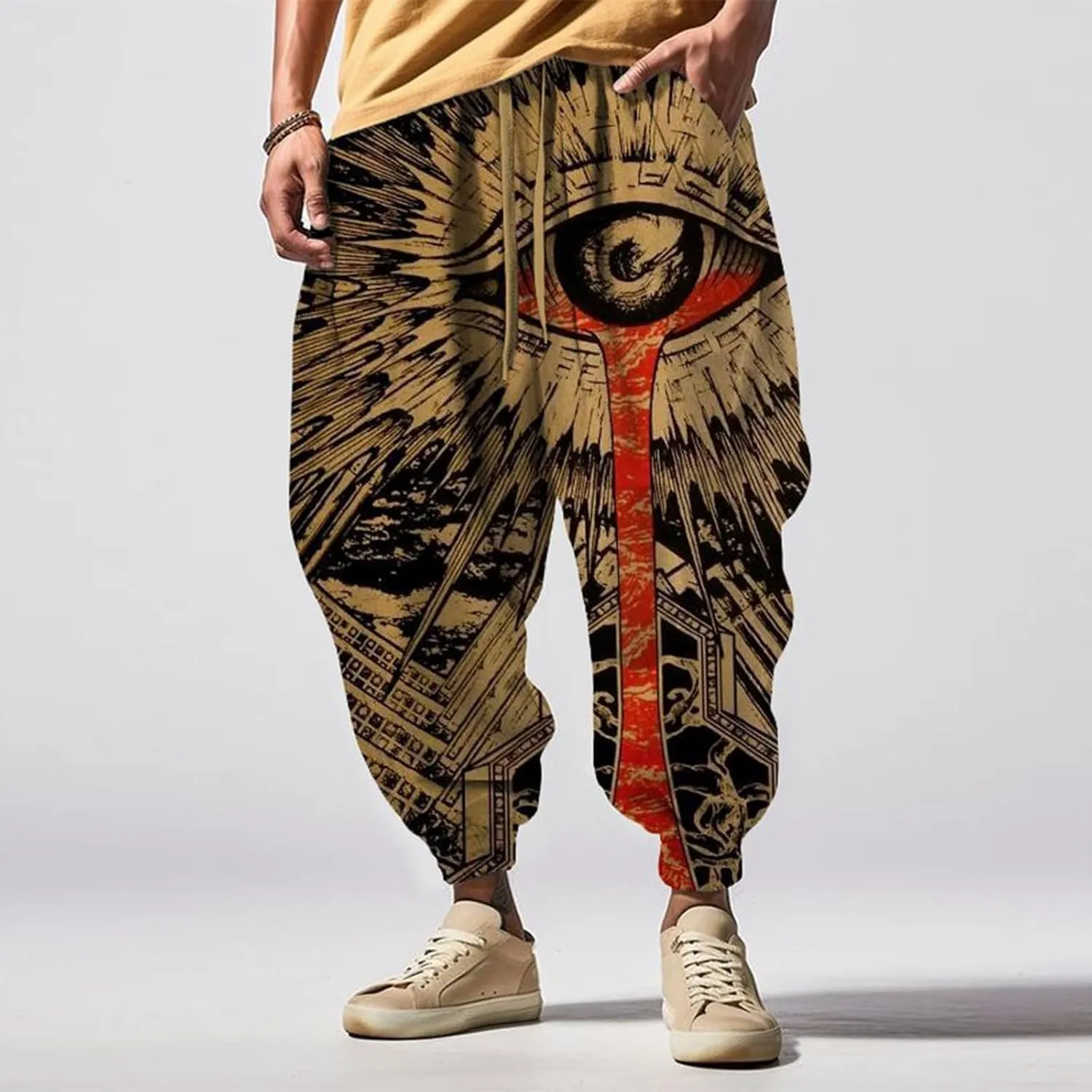 Mens Joggers Fun Print Fashion Street Feel Casual Sweatpants Mens Drawstring Hippie Aladdil Harem Pants Pants Men