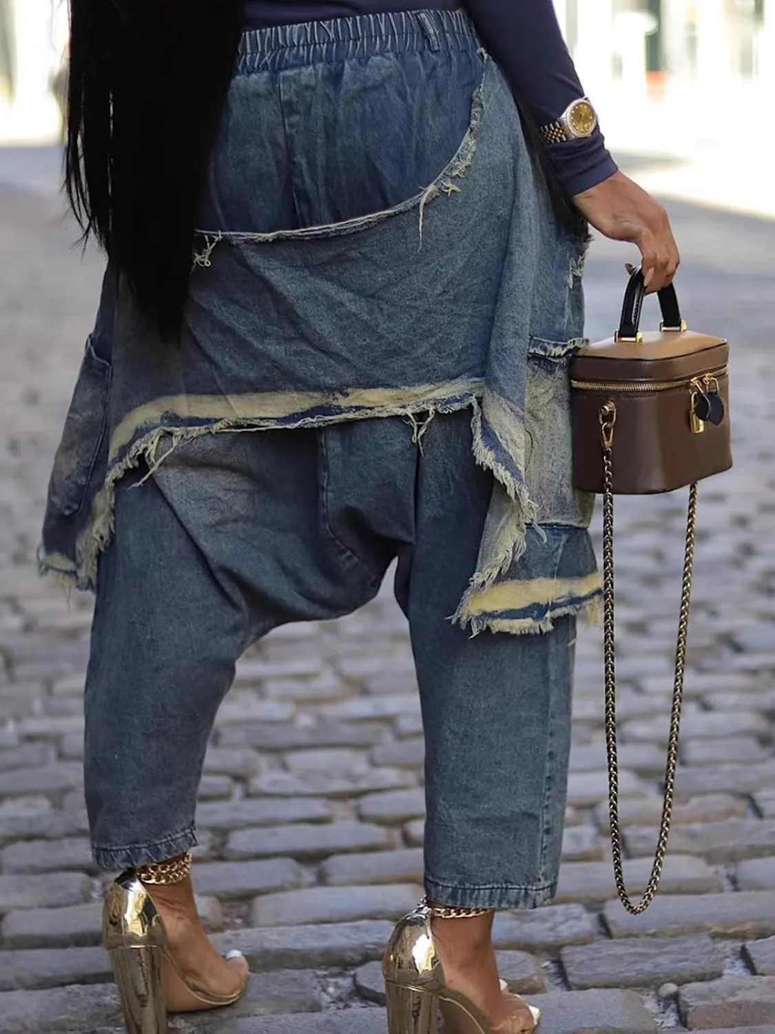 Molisry Women's Patchwork Cargo Jeans Patchwork Ripped Patchwork High Waisted Harem Pants Denim Streetwear