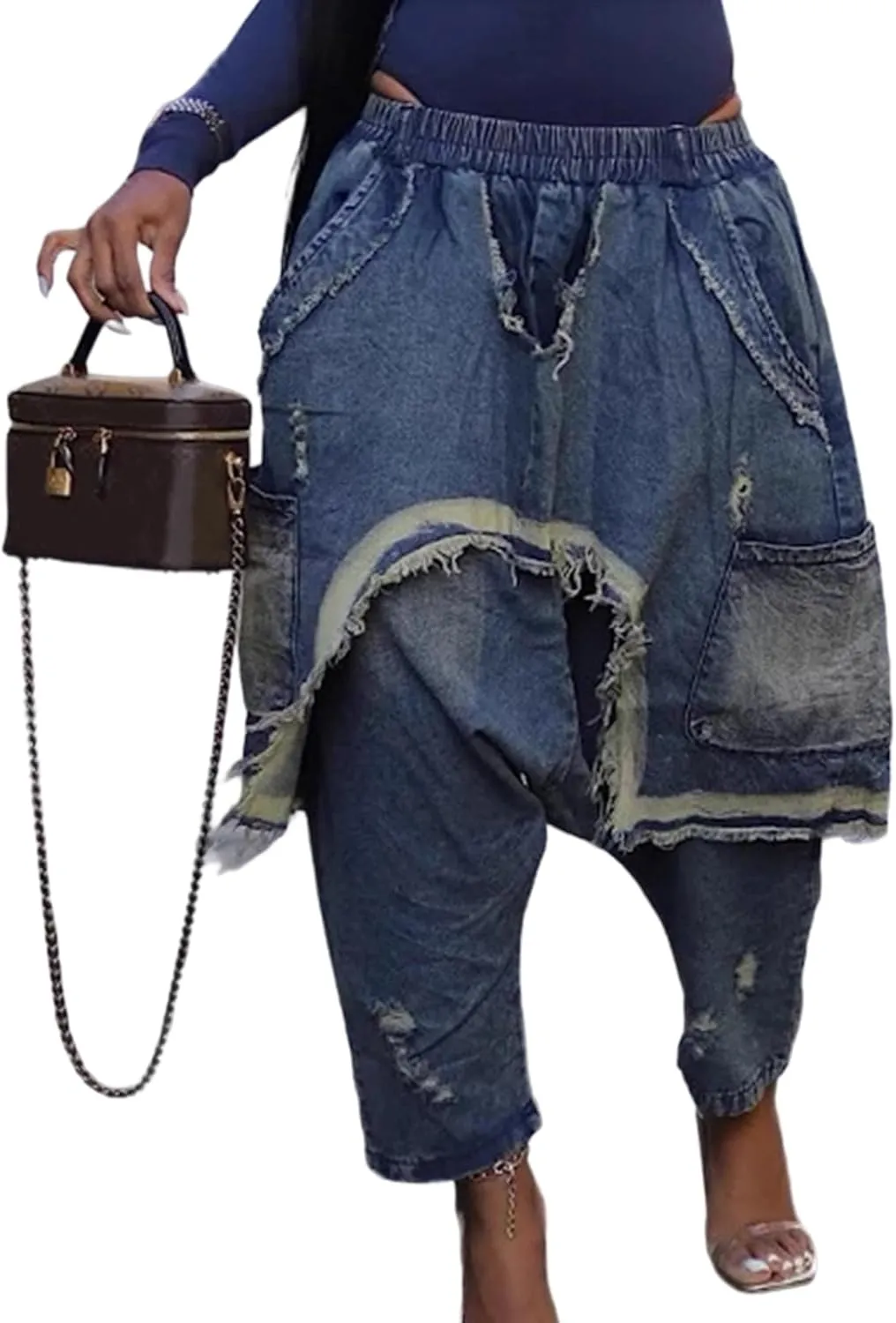 Molisry Women's Patchwork Cargo Jeans Patchwork Ripped Patchwork High Waisted Harem Pants Denim Streetwear