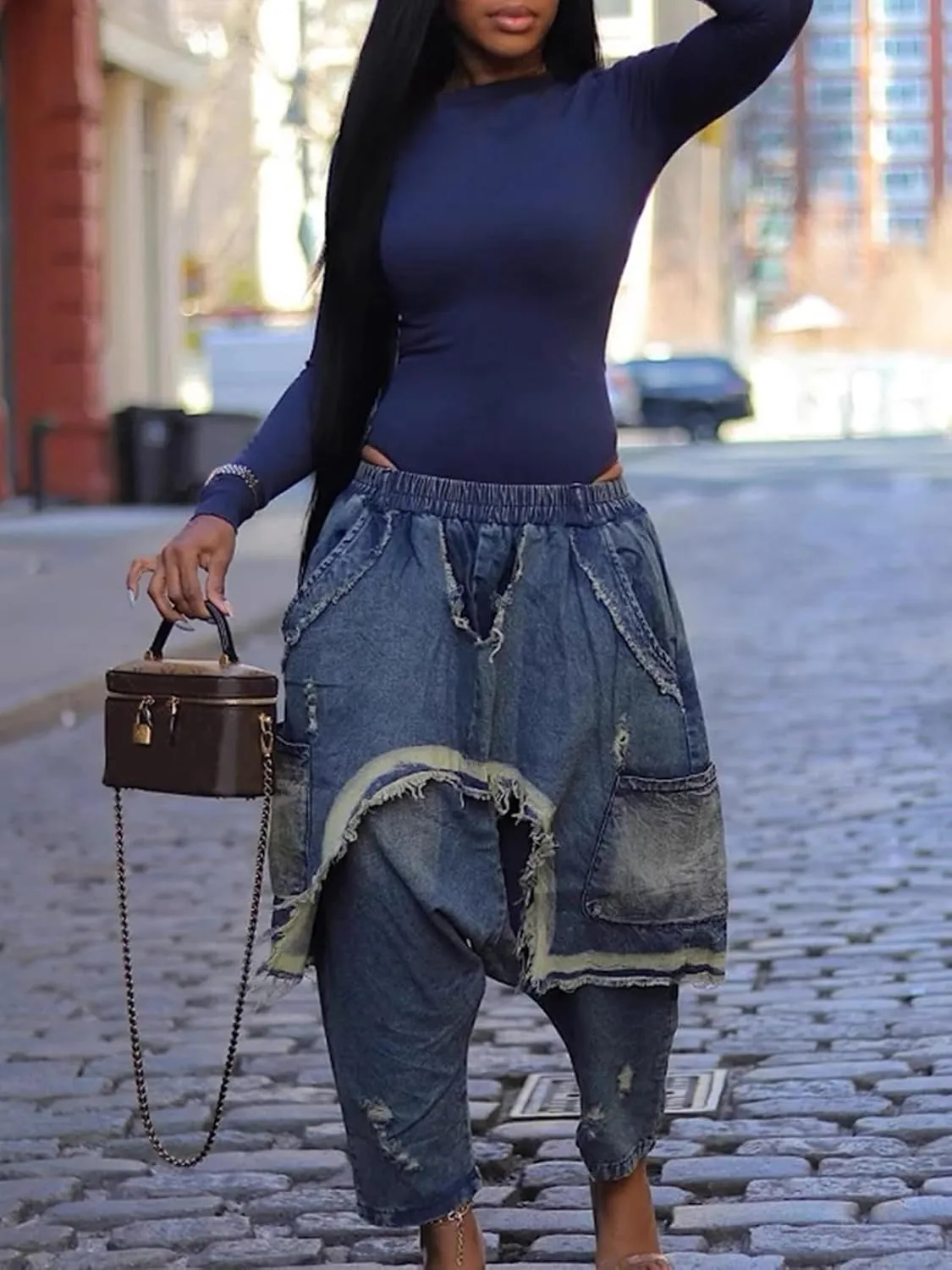 Molisry Women's Patchwork Cargo Jeans Patchwork Ripped Patchwork High Waisted Harem Pants Denim Streetwear