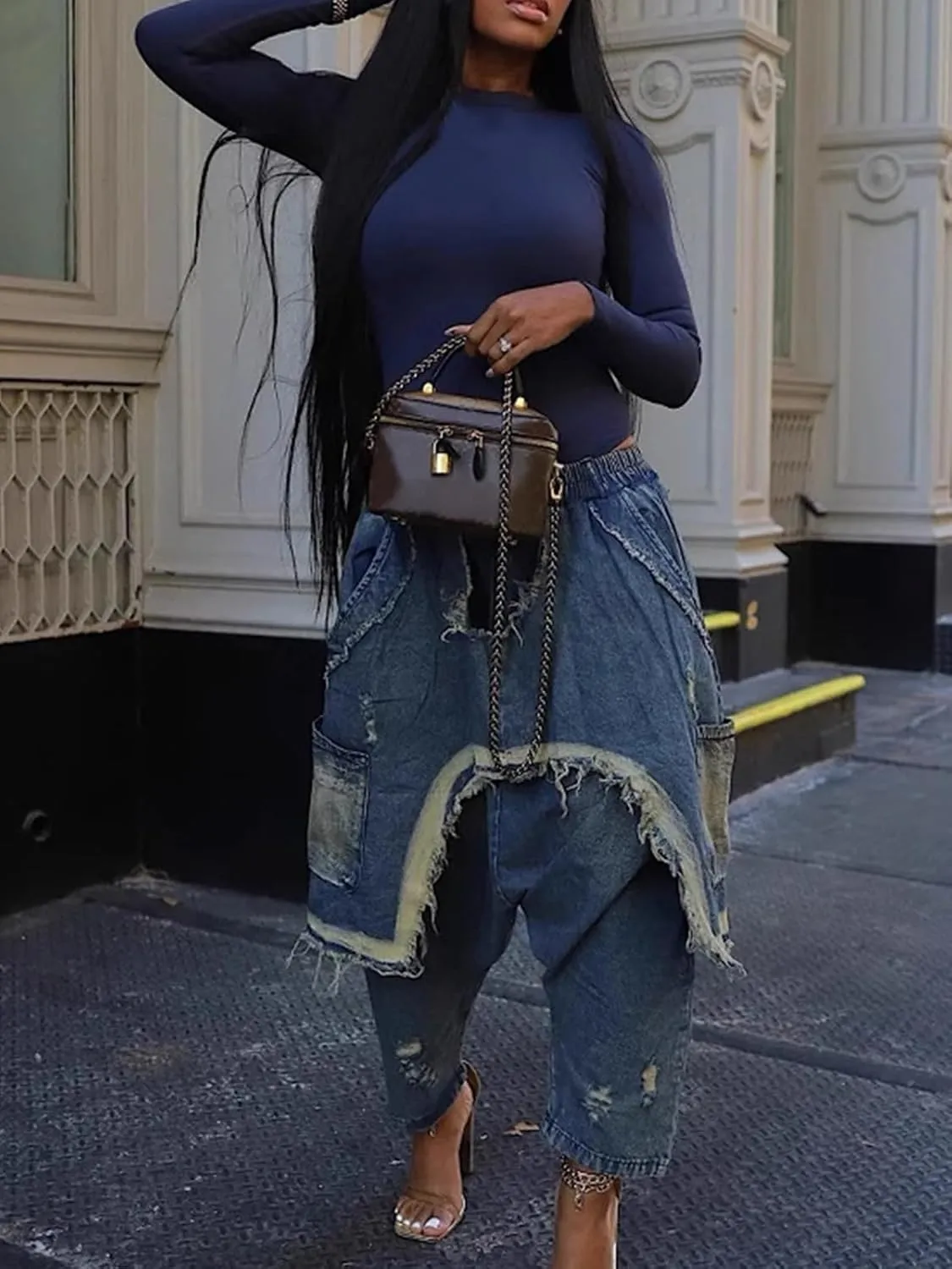 Molisry Women's Patchwork Cargo Jeans Patchwork Ripped Patchwork High Waisted Harem Pants Denim Streetwear