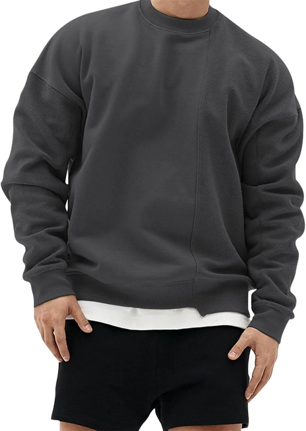Surenow Mens Patchwork Crewneck Sweatshirt Long-Sleeve Lightweight Terry Sweatshirt Casual Workout Pullover Shirt Tops
